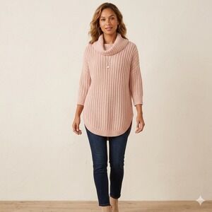 EXPRESS Womens Size XS Cowl Neck Sweater Pink Marled Ribbed Knit Curved Hem